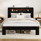Full/Queen/King Size Platform Bed with LED Storage Headboard, Wood Platform Bed Frame with 2 USB, Large Under Bed Storage