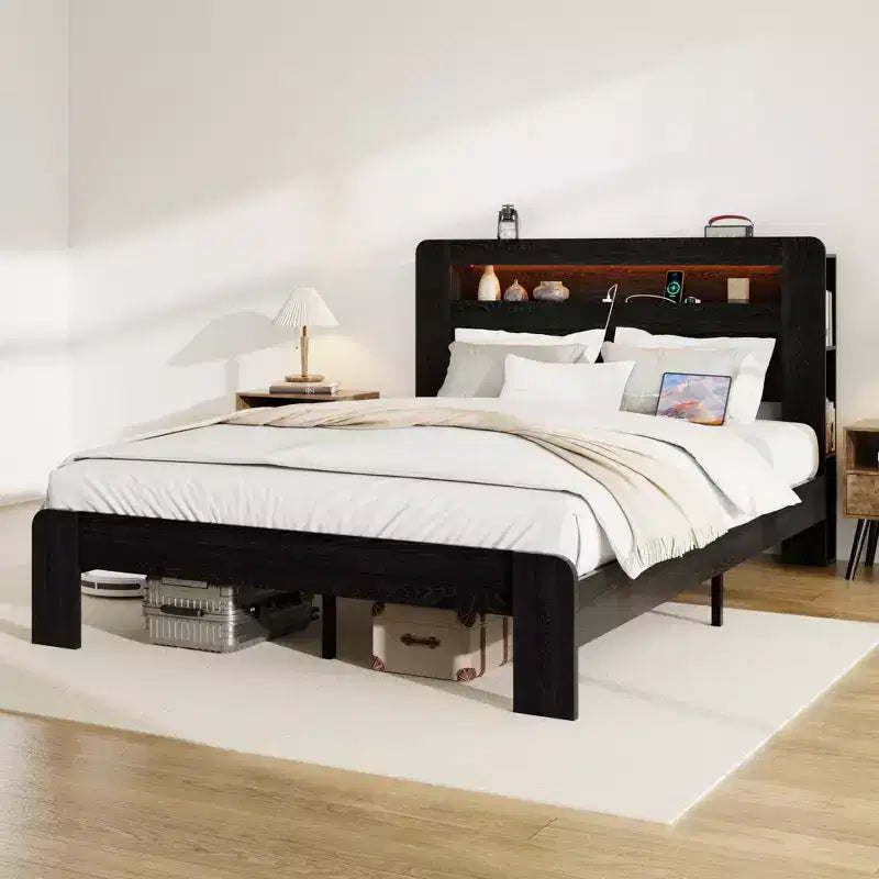 Full/Queen/King Size Platform Bed with LED Storage Headboard, Wood Platform Bed Frame with 2 USB, Large Under Bed Storage