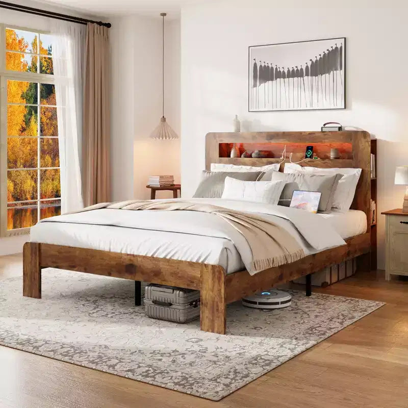 Full/Queen/King Size Platform Bed with LED Storage Headboard, Wood Platform Bed Frame with 2 USB, Large Under Bed Storage