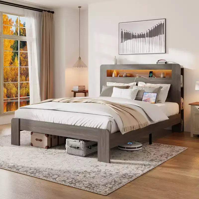 Full/Queen/King Size Platform Bed with LED Storage Headboard, Wood Platform Bed Frame with 2 USB, Large Under Bed Storage