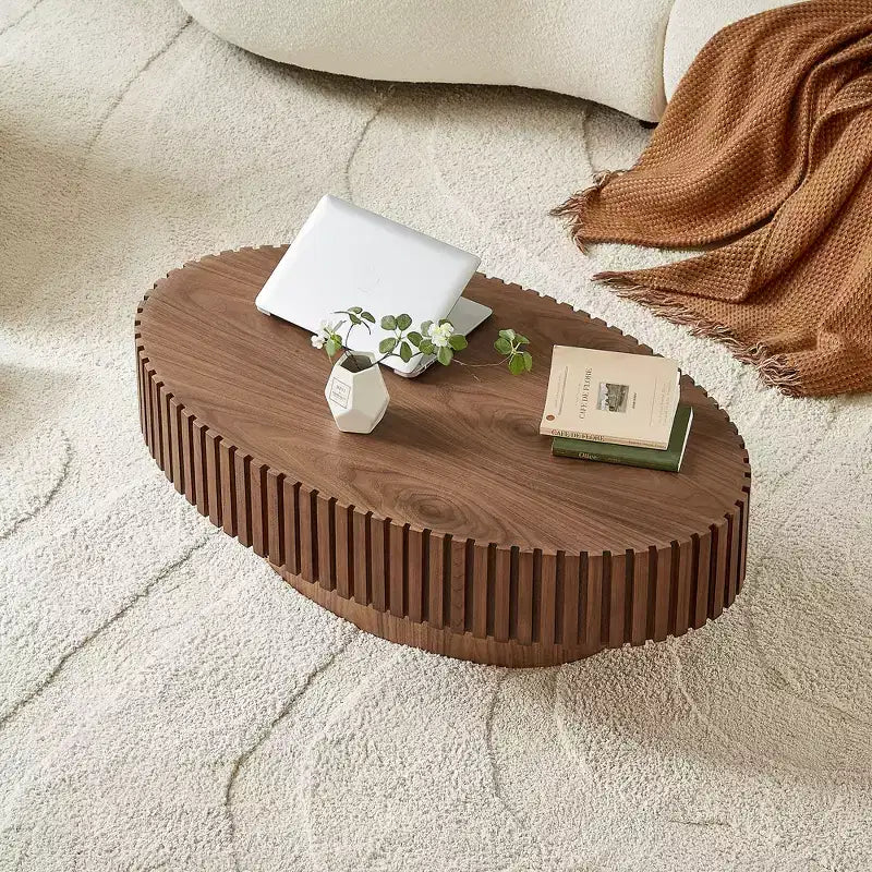 JVNOXK Modern Handcraft Drum Coffee Table Length 43.7 inch Ellipse Coffee Table for Living Room,Oval Small Coffee Table with Sturdy Pedestal,Walnut