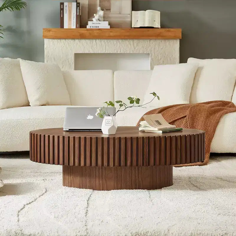 JVNOXK Modern Handcraft Drum Coffee Table Length 43.7 inch Ellipse Coffee Table for Living Room,Oval Small Coffee Table with Sturdy Pedestal,Walnut