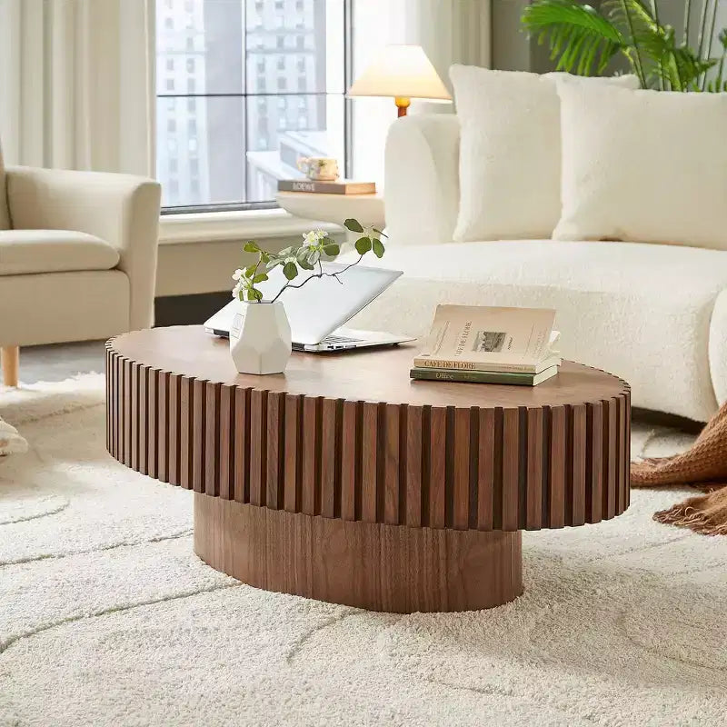 JVNOXK Modern Handcraft Drum Coffee Table Length 43.7 inch Ellipse Coffee Table for Living Room,Oval Small Coffee Table with Sturdy Pedestal,Walnut