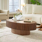 JVNOXK Modern Handcraft Drum Coffee Table Length 43.7 inch Ellipse Coffee Table for Living Room,Oval Small Coffee Table with Sturdy Pedestal,Walnut