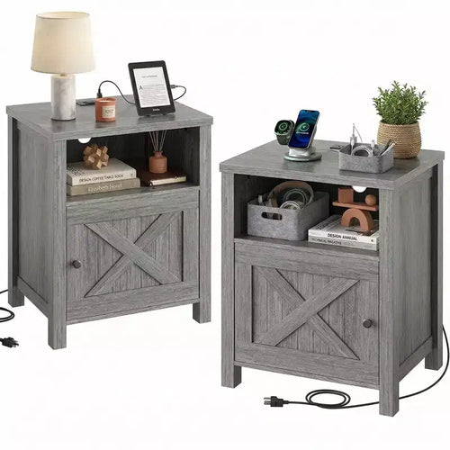 2 PCS Nightstand with Charging Station, Farmhouse Bedside Table with Open Shelf, Enclosed Cabinet, USB Port and AC Outlet, Bedside table with storage