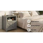 2 PCS Nightstand with Charging Station, Farmhouse Bedside Table with Open Shelf, Enclosed Cabinet, USB Port and AC Outlet, Bedside table with storage