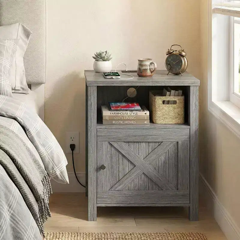 2 PCS Nightstand with Charging Station, Farmhouse Bedside Table with Open Shelf, Enclosed Cabinet, USB Port and AC Outlet, Bedside table with storage