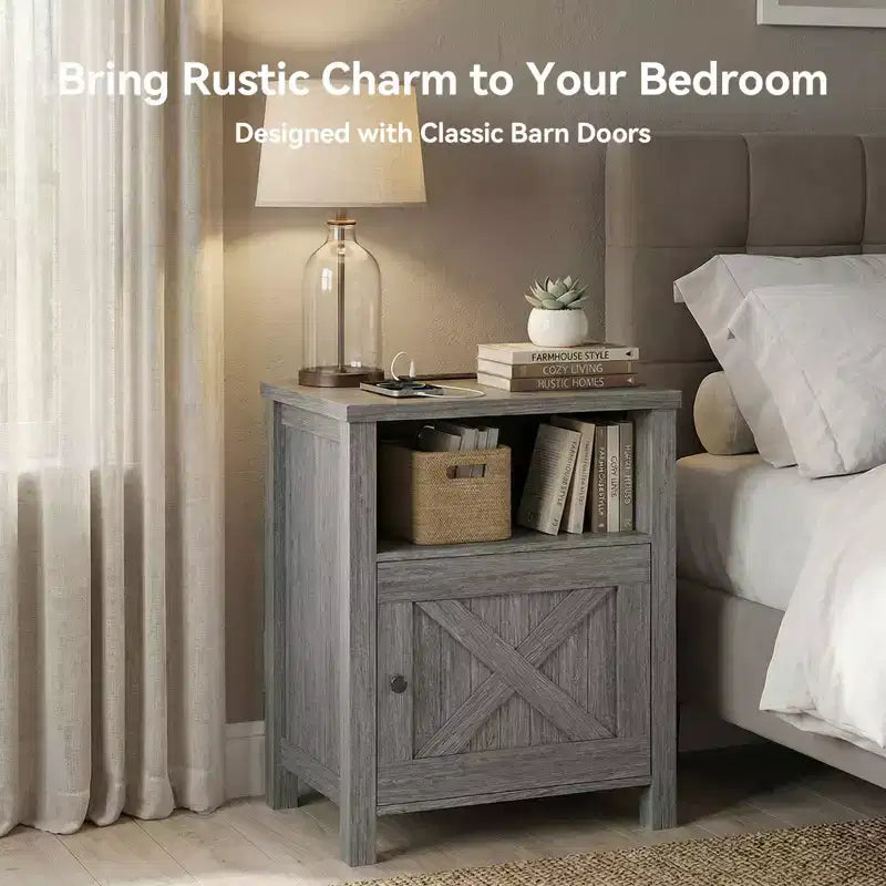 2 PCS Nightstand with Charging Station, Farmhouse Bedside Table with Open Shelf, Enclosed Cabinet, USB Port and AC Outlet, Bedside table with storage
