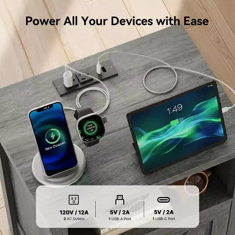 2 PCS Nightstand with Charging Station, Farmhouse Bedside Table with Open Shelf, Enclosed Cabinet, USB Port and AC Outlet, Bedside table with storage