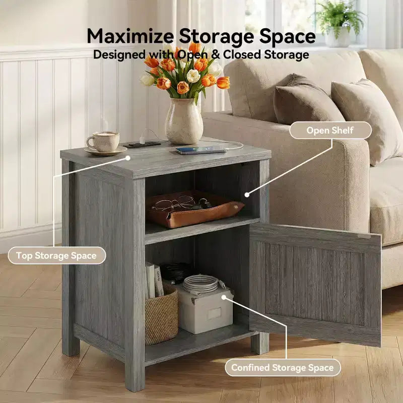 2 PCS Nightstand with Charging Station, Farmhouse Bedside Table with Open Shelf, Enclosed Cabinet, USB Port and AC Outlet, Bedside table with storage