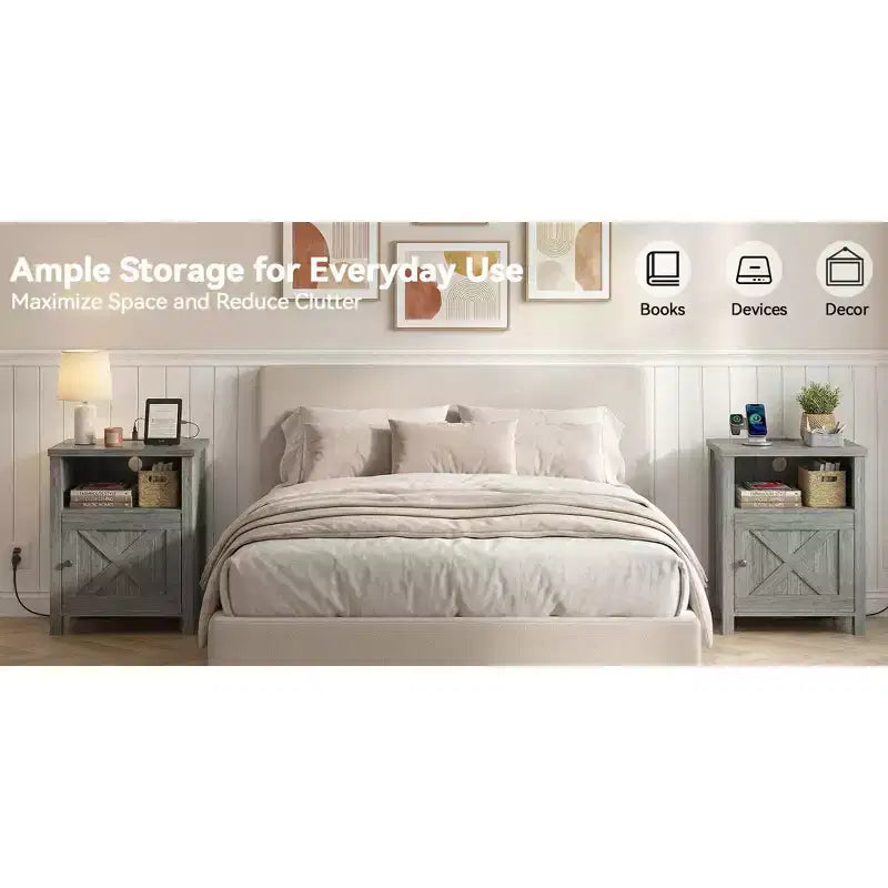 2 PCS Nightstand with Charging Station, Farmhouse Bedside Table with Open Shelf, Enclosed Cabinet, USB Port and AC Outlet, Bedside table with storage