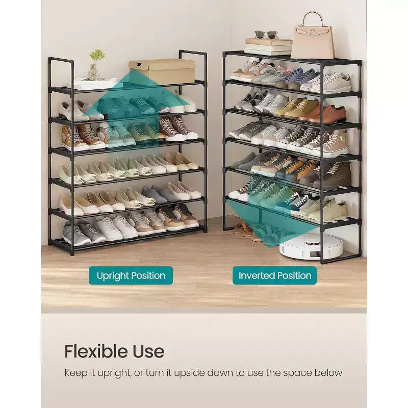 6-Tier Metal Shoe Rack Organizer, Upright or Upside Down, Holds 24-30 Pairs, Stackable, 11.8x36.2x42.7 Inches, Black for Entryway