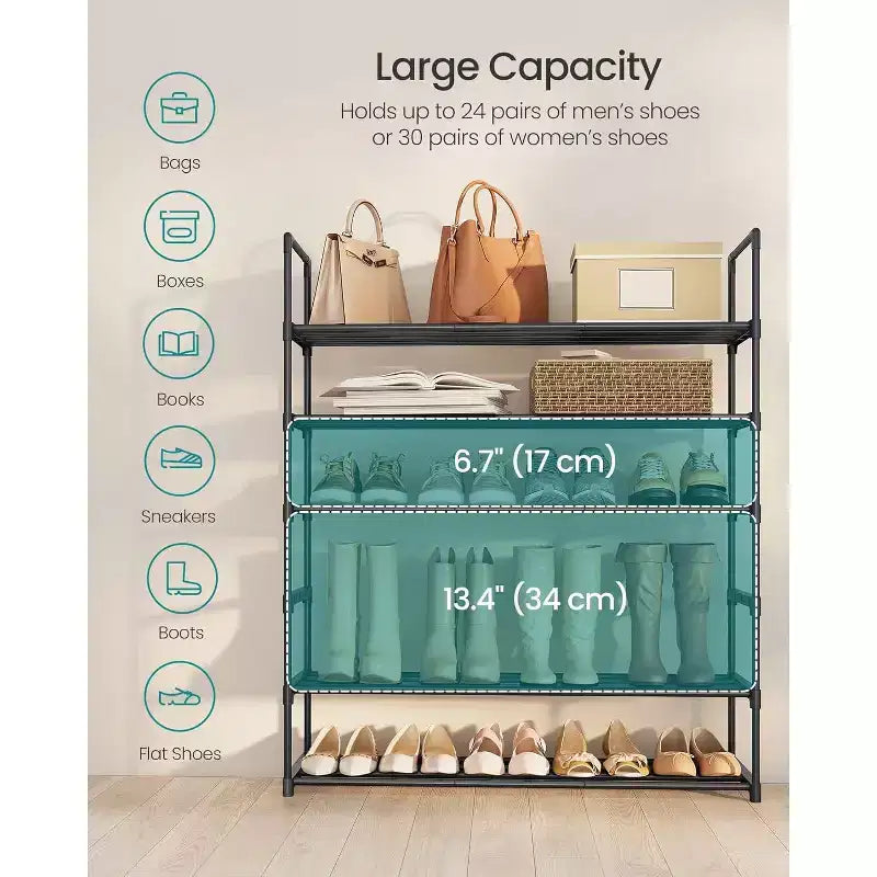 6-Tier Metal Shoe Rack Organizer, Upright or Upside Down, Holds 24-30 Pairs, Stackable, 11.8x36.2x42.7 Inches, Black for Entryway