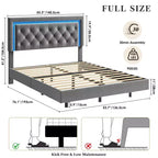 King Size Floating Bed Frame with LED Lights. Upholstered Platform Bed with Diamond Headboard. Wood Slats. No Box Spring Needed. Noise-Free