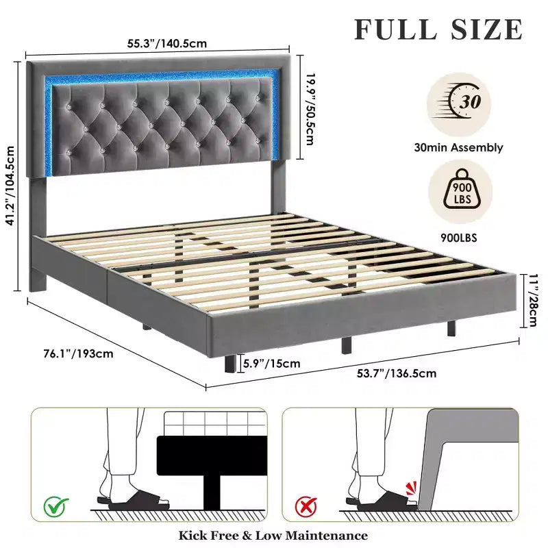 King Size Floating Bed Frame with LED Lights. Upholstered Platform Bed with Diamond Headboard. Wood Slats. No Box Spring Needed. Noise-Free