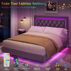 King Size Floating Bed Frame with LED Lights. Upholstered Platform Bed with Diamond Headboard. Wood Slats. No Box Spring Needed. Noise-Free