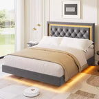 King Size Floating Bed Frame with LED Lights. Upholstered Platform Bed with Diamond Headboard. Wood Slats. No Box Spring Needed. Noise-Free