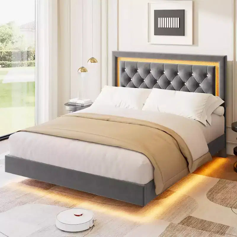 King Size Floating Bed Frame with LED Lights. Upholstered Platform Bed with Diamond Headboard. Wood Slats. No Box Spring Needed. Noise-Free