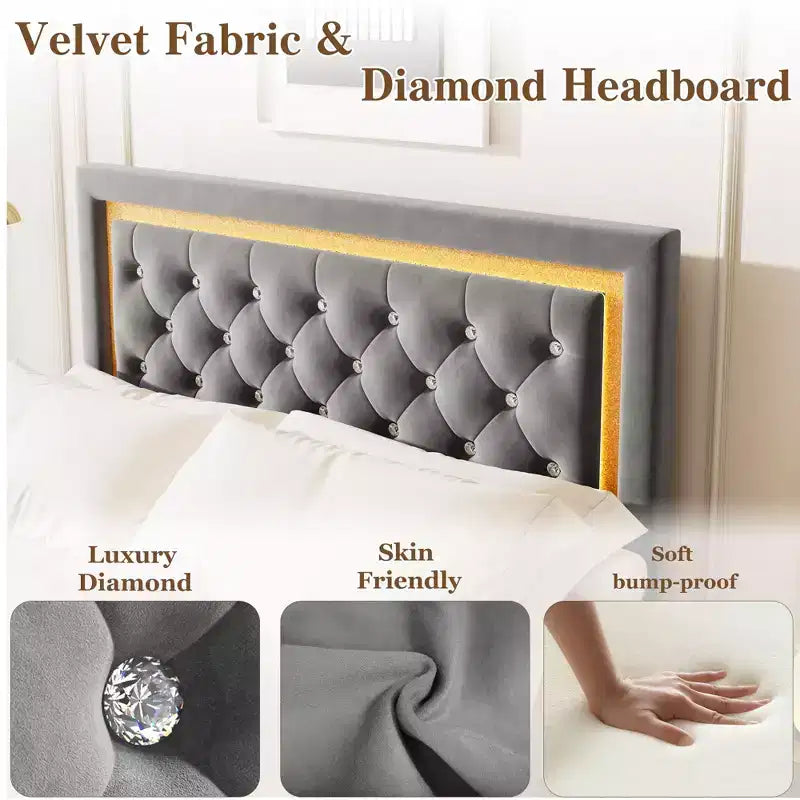 King Size Floating Bed Frame with LED Lights. Upholstered Platform Bed with Diamond Headboard. Wood Slats. No Box Spring Needed. Noise-Free