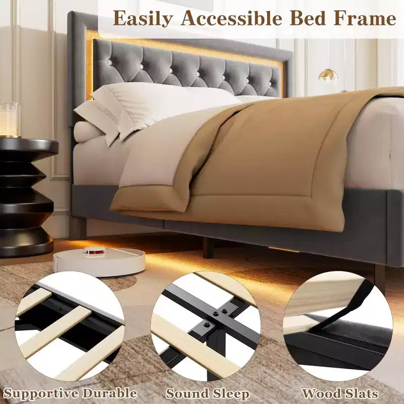 King Size Floating Bed Frame with LED Lights. Upholstered Platform Bed with Diamond Headboard. Wood Slats. No Box Spring Needed. Noise-Free