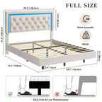 King Size Floating Bed Frame with LED Lights. Upholstered Platform Bed with Diamond Headboard. Wood Slats. No Box Spring Needed. Noise-Free