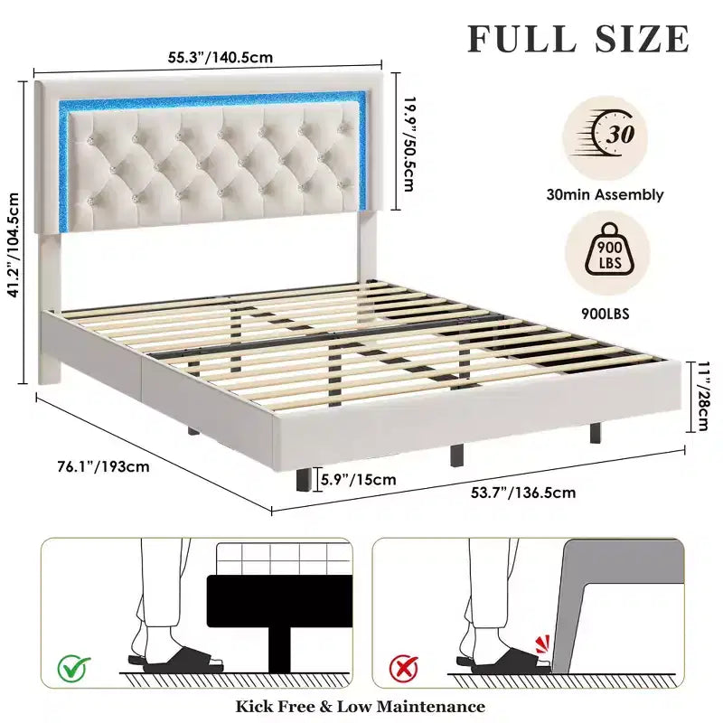 King Size Floating Bed Frame with LED Lights. Upholstered Platform Bed with Diamond Headboard. Wood Slats. No Box Spring Needed. Noise-Free