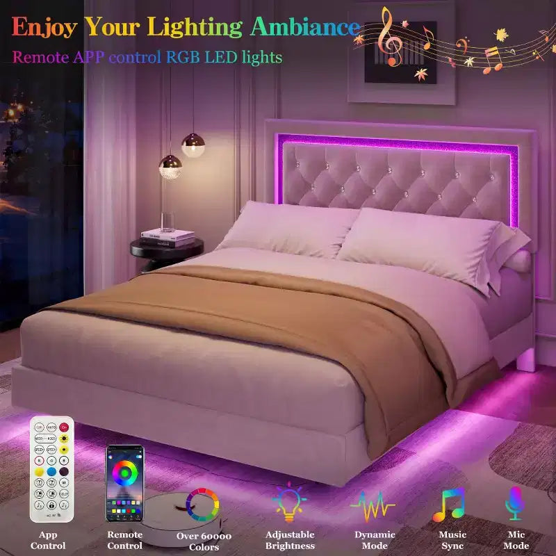 King Size Floating Bed Frame with LED Lights. Upholstered Platform Bed with Diamond Headboard. Wood Slats. No Box Spring Needed. Noise-Free