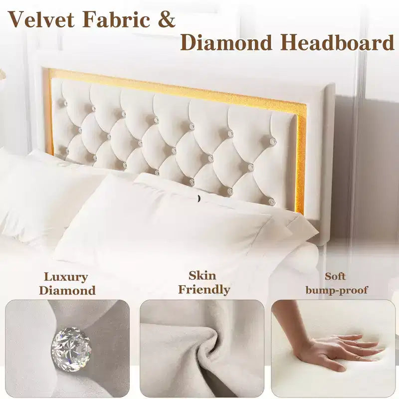 King Size Floating Bed Frame with LED Lights. Upholstered Platform Bed with Diamond Headboard. Wood Slats. No Box Spring Needed. Noise-Free