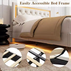 King Size Floating Bed Frame with LED Lights. Upholstered Platform Bed with Diamond Headboard. Wood Slats. No Box Spring Needed. Noise-Free
