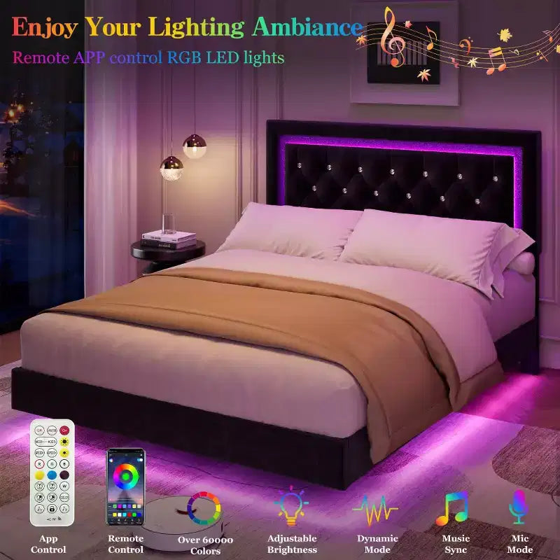 King Size Floating Bed Frame with LED Lights. Upholstered Platform Bed with Diamond Headboard. Wood Slats. No Box Spring Needed. Noise-Free