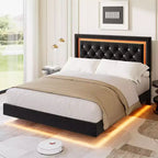 King Size Floating Bed Frame with LED Lights. Upholstered Platform Bed with Diamond Headboard. Wood Slats. No Box Spring Needed. Noise-Free