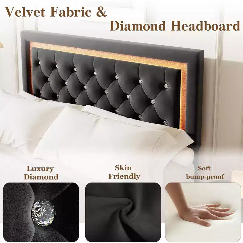 King Size Floating Bed Frame with LED Lights. Upholstered Platform Bed with Diamond Headboard. Wood Slats. No Box Spring Needed. Noise-Free