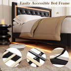 King Size Floating Bed Frame with LED Lights. Upholstered Platform Bed with Diamond Headboard. Wood Slats. No Box Spring Needed. Noise-Free