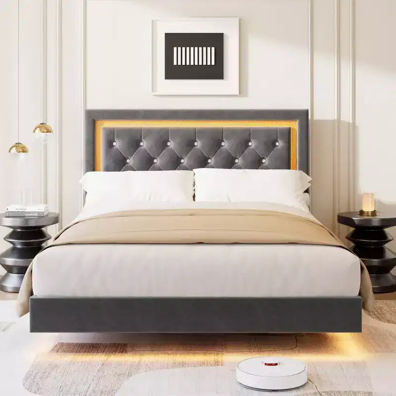 King Size Floating Bed Frame with LED Lights. Upholstered Platform Bed with Diamond Headboard. Wood Slats. No Box Spring Needed. Noise-Free