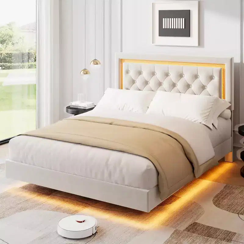 King Size Floating Bed Frame with LED Lights. Upholstered Platform Bed with Diamond Headboard. Wood Slats. No Box Spring Needed. Noise-Free
