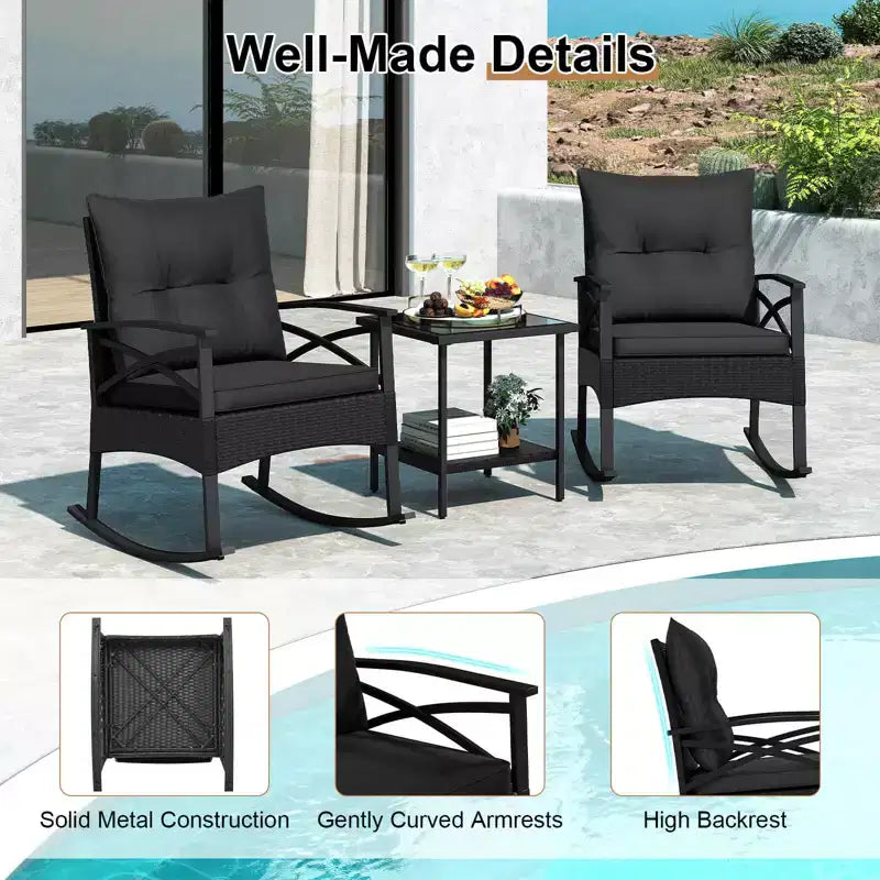 Costway 3 PCS Rattan Rocking Chair Set with Acacia Wood Tabletop Armrests for Porch Balcony Mix Brown + Beige/Gray/Navy/Black