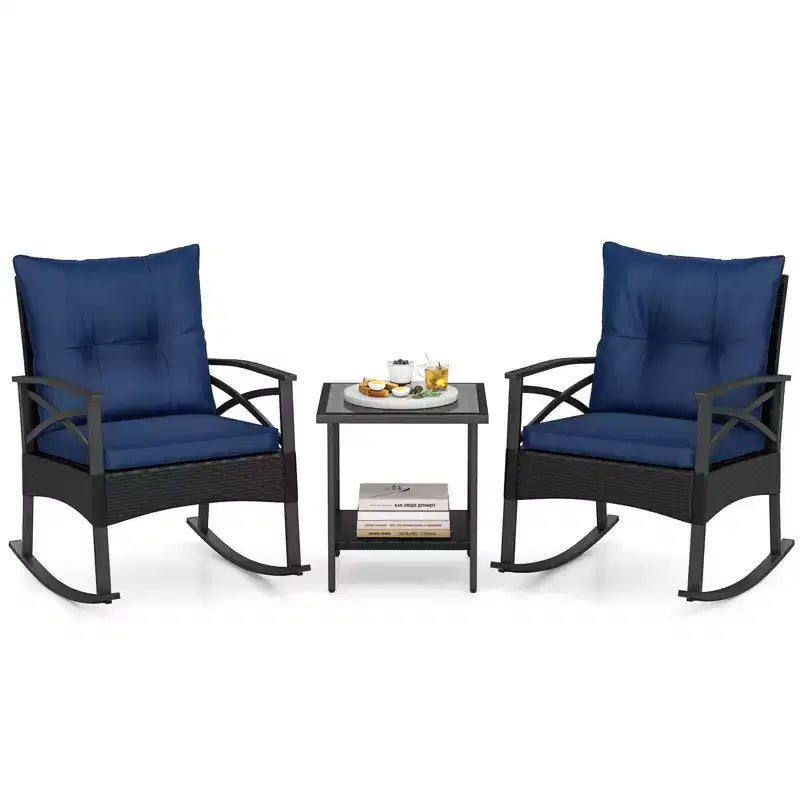 Costway 3 PCS Rattan Rocking Chair Set with Acacia Wood Tabletop Armrests for Porch Balcony Mix Brown + Beige/Gray/Navy/Black