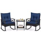 Costway 3 PCS Rattan Rocking Chair Set with Acacia Wood Tabletop Armrests for Porch Balcony Mix Brown + Beige/Gray/Navy/Black