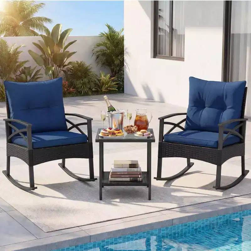 Costway 3 PCS Rattan Rocking Chair Set with Acacia Wood Tabletop Armrests for Porch Balcony Mix Brown + Beige/Gray/Navy/Black
