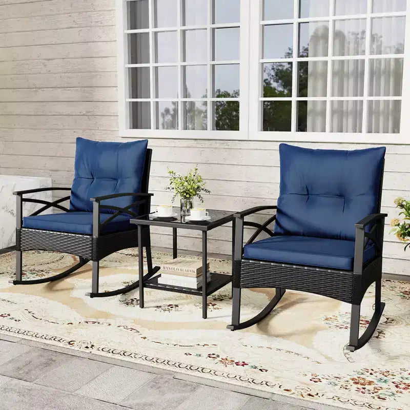 Costway 3 PCS Rattan Rocking Chair Set with Acacia Wood Tabletop Armrests for Porch Balcony Mix Brown + Beige/Gray/Navy/Black