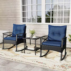 Costway 3 PCS Rattan Rocking Chair Set with Acacia Wood Tabletop Armrests for Porch Balcony Mix Brown + Beige/Gray/Navy/Black