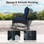 Costway 3 PCS Rattan Rocking Chair Set with Acacia Wood Tabletop Armrests for Porch Balcony Mix Brown + Beige/Gray/Navy/Black
