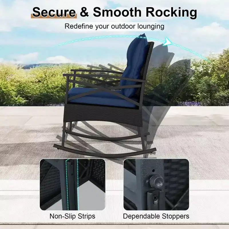 Costway 3 PCS Rattan Rocking Chair Set with Acacia Wood Tabletop Armrests for Porch Balcony Mix Brown + Beige/Gray/Navy/Black