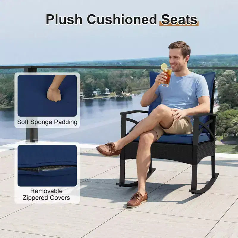 Costway 3 PCS Rattan Rocking Chair Set with Acacia Wood Tabletop Armrests for Porch Balcony Mix Brown + Beige/Gray/Navy/Black
