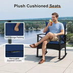 Costway 3 PCS Rattan Rocking Chair Set with Acacia Wood Tabletop Armrests for Porch Balcony Mix Brown + Beige/Gray/Navy/Black