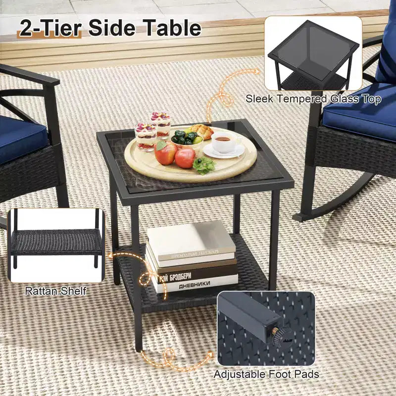 Costway 3 PCS Rattan Rocking Chair Set with Acacia Wood Tabletop Armrests for Porch Balcony Mix Brown + Beige/Gray/Navy/Black