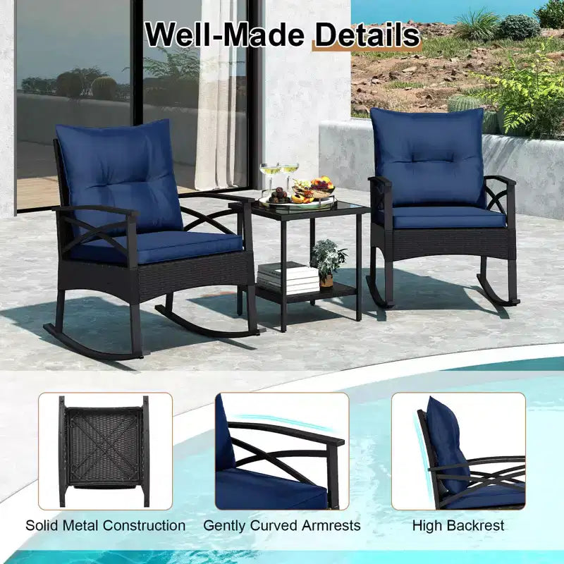Costway 3 PCS Rattan Rocking Chair Set with Acacia Wood Tabletop Armrests for Porch Balcony Mix Brown + Beige/Gray/Navy/Black