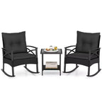 Costway 3 PCS Rattan Rocking Chair Set with Acacia Wood Tabletop Armrests for Porch Balcony Mix Brown + Beige/Gray/Navy/Black
