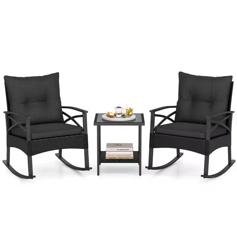 Costway 3 PCS Rattan Rocking Chair Set with Acacia Wood Tabletop Armrests for Porch Balcony Mix Brown + Beige/Gray/Navy/Black