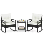 Costway 3 PCS Rattan Rocking Chair Set with Acacia Wood Tabletop Armrests for Porch Balcony Mix Brown + Beige/Gray/Navy/Black